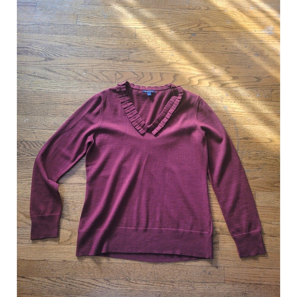 Brooks Brothers Womens Merino Wool Ruffled V-Neck Red Sweater Preppy Large